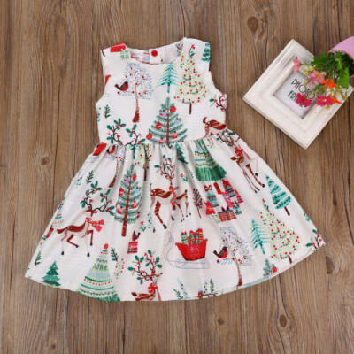 

Xmas Kids Baby Girl Christmas Cartoon Deer Sleeveless Princess Party Tutu Dress