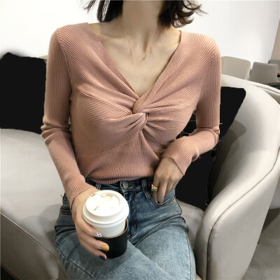 

Womens Sexy V-Neck Long Sleeve Knitted Tops Cross Tie Sweater Jumper Blouse New