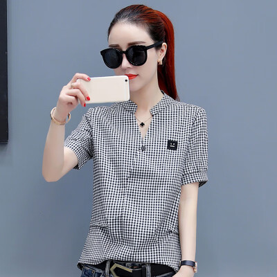 

Womens Simple Plaid Pattern V-Neck Blouse Slim Fit Nipped Waist Short Sleeve Blouses