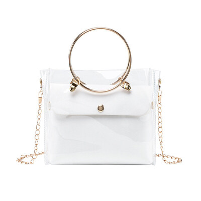 

Women Circle Handle Solid Color Transparent Jelly Chain Shoulder Bag Handbag