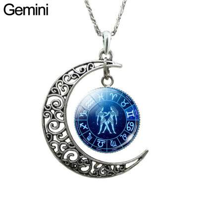 

Unisex Augury Jewelry 12 Constellations Hollow Crescent Moon Faux Gem Necklace