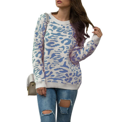 

Women Autumn Stylish Concise Casual Long Sleeve Round Collar Leopard Printed Sweater