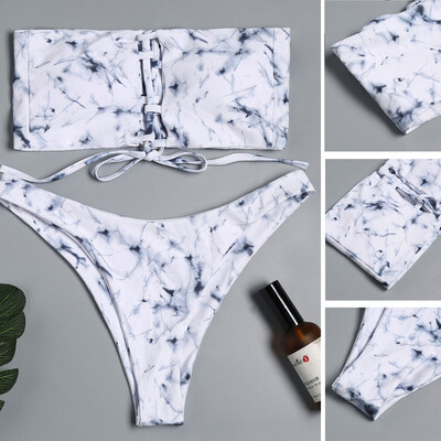 

Saidsome Women Sexy Marble Print Padded Bra Bandage Halter Bikini Set Swimwer Tie Chest