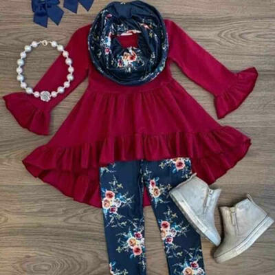 

New Toddler Baby Girls Autumn Bell Sleeve Ruffle Tops Pants Outfits For 2-7Years