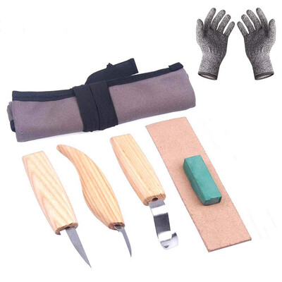 

6pcs High Manganese Steel Wooden Carving Tools Cutter Spoon Sharpen Leather Polishing Wax with Cut-proof Gloves Woodworking Craft