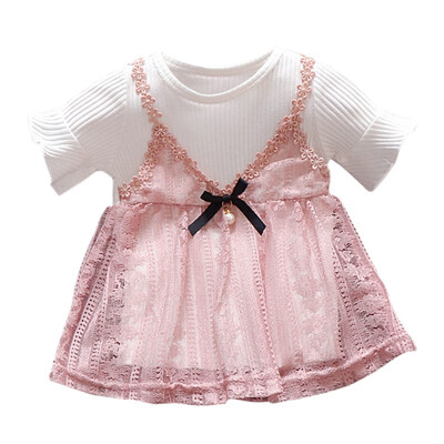 

Summer Cute Princess Baby Dress Lace Fake 2 Pieces Short Sleeve O Neck Lovely Dress
