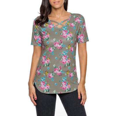 

Round neck short sleeve printed neckline cross casual T-shirt top