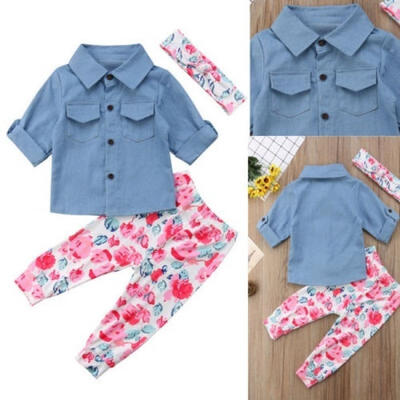 

Cute Fashion Autumn Baby Girl Denim T-Shirt Long Sleeve Top Floral Trouser Outfits Set