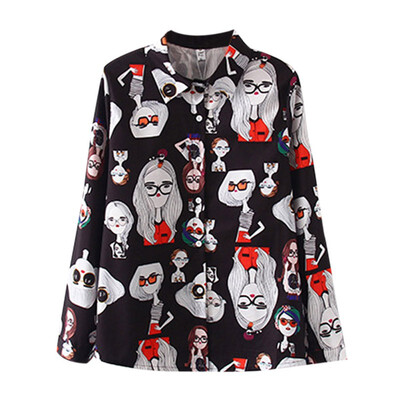 

blouse Women Cartoon Print Lapel Shirt Loose Single-breasted Long Sleeve Sun Protection Blouse