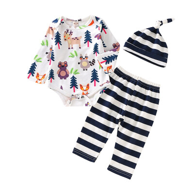 

0-18M Autumn Baby Boy Long Sleeve Animal Print Romper Tops Stripe Trousers Hat Outfits Clothes