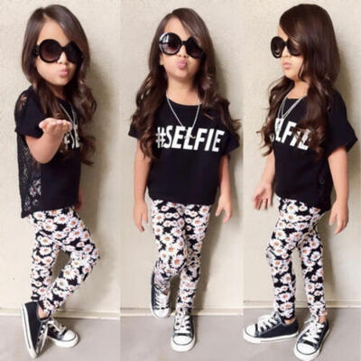 

2Pcs Toddler Kids Girl Hallow Lace Top T-Shirt Floral Pants Leggings Outfits Set