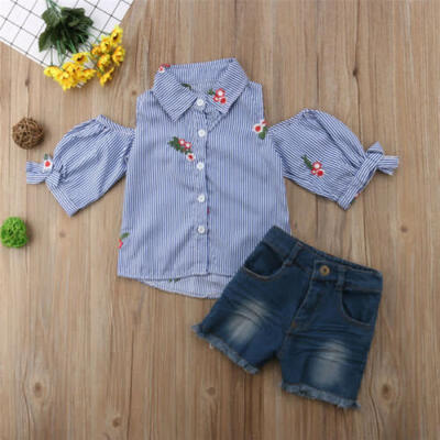 

UK Stock Toddler Kid Baby Girls Striped Tops T-shirt Denim Pants Outfits Clothes
