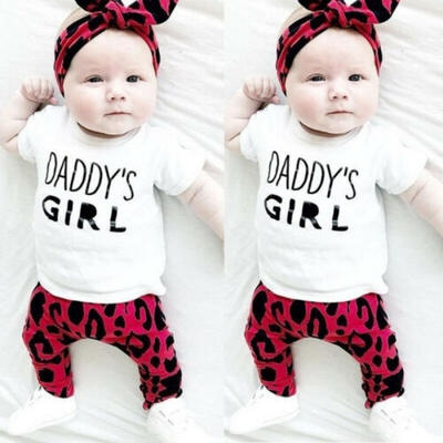

3PCS Baby Girls Father&39s Day Outfits Summer Daddy&39s Girl T-shirtLeopard Lips PantsHeadband Clothes Set