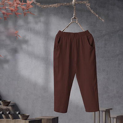 

Womens Solid Color Elastic Waist Cotton Linen Pants Loose Casual Harem Trousers