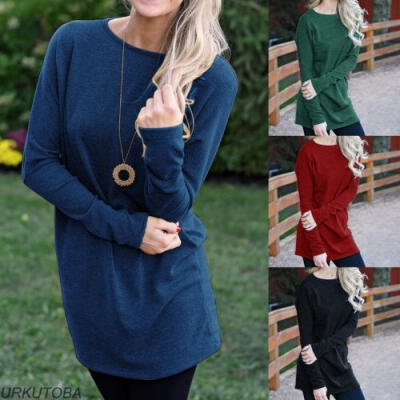 

Women Long Sleeve Solid Color Tops Casual Long T shirt Loose O-neck Blouse New