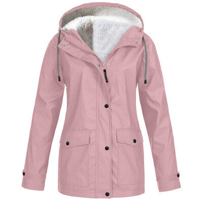 

Toponeto Women Solid Plush Thickening Jacket Outdoor Plus Size Hooded Raincoat Windproof