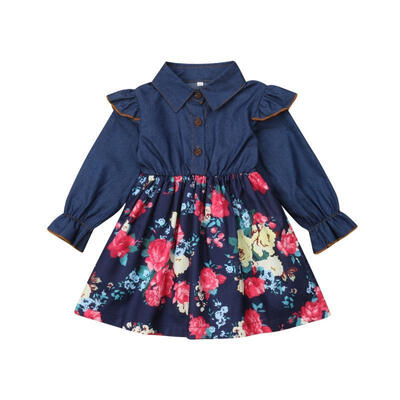 

Flower Toddler Kids Baby Girls Princess Denim Long Sleeve Shirt Dress Clothes