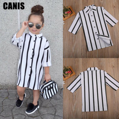 

Kids Baby Girls White Black Stripes Dress Long Sleeve Shirt Casual Dressses 1-6Y