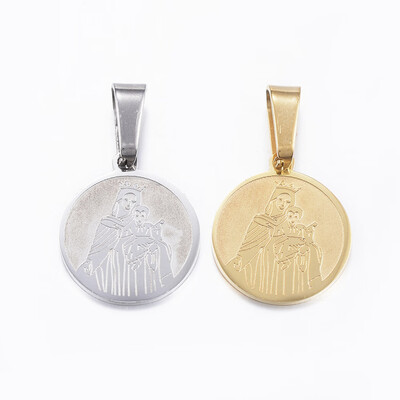

304 Stainless Steel Pendants Flat Round with Human Pattern Mixed Color 17x15x1mm Hole 8x4mm