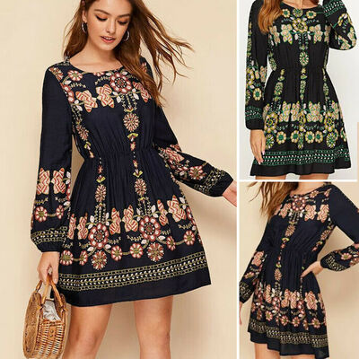 

NEW Women Boho Long Sleeve Floral Dress Evening Cocktail Party Casual Mini Dress