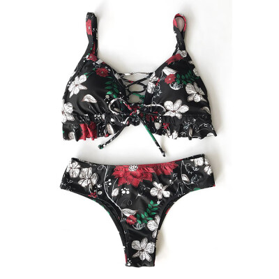

Roseonmyhand Women Bikini Set Swimwear Push-Up Padded Flower Print Bra Swimsuit Beachwear