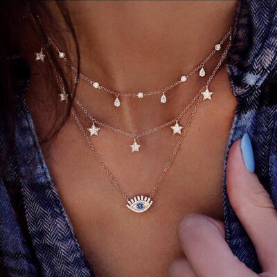 

Bohemian Gold Multilayer Star Moon Crystal Necklace For Women Fashion Blue Rhinestone Eye Necklace 2019 Choker Jewelry Wholesale