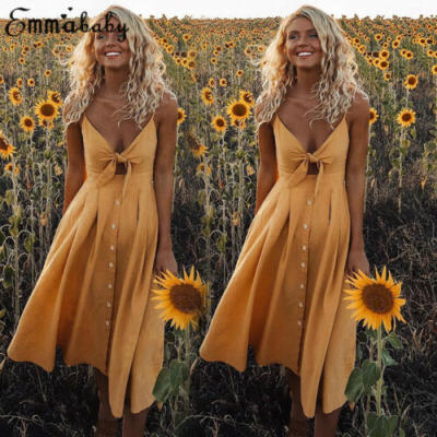 

adies Womens Summer Holiday Casual Sleeveless Sundress Beach Party Midi Dress