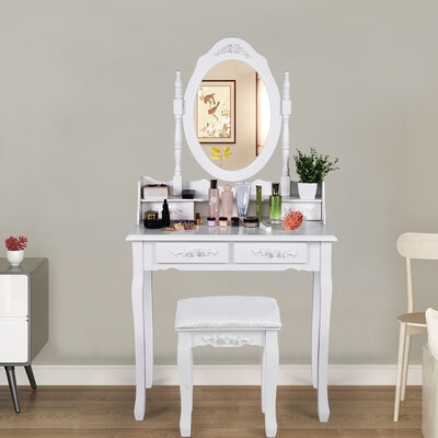 

Gobestart Vanity Table Set With Oval Mirror With 4 Drawers Dressing Table Cushioned Stool