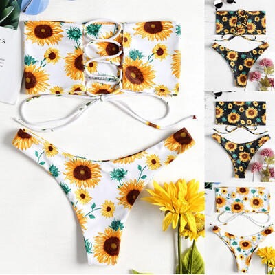 

Saidsome Women Sexy Sunflower Print Swimsuit Bikini Bathing Bra Beachwear Two Piece Suit