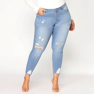 

〖Follure〗Women Slim Plus Size Ripped Hole Gradient Long Jeans Denim Regular Pants