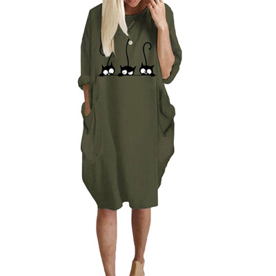 

New Autumn Fashion Women Casual Cartoon Print Loose Dress With Pocket Long Sleeve Midi Dress