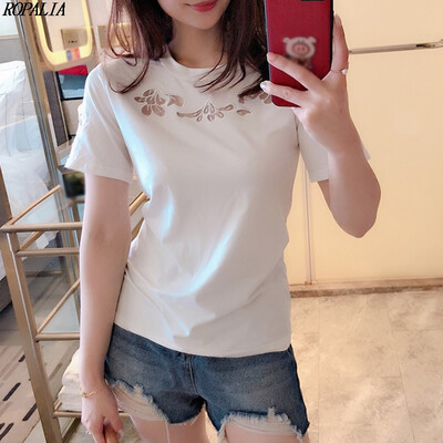 

Womens Round Neck Mesh Floral Embroidery Short Sleeve Hollow Out Slim Basic T-Shirt