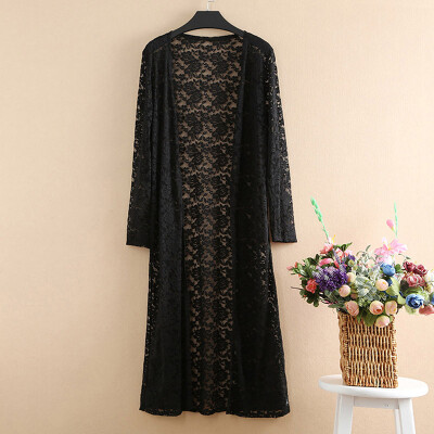 

Summer Women Lace Long Cardigan Sexy Hollow Out Sun Protection Clothing Half Sleeve Sunscreen Blouses Outwear Beachwear Female