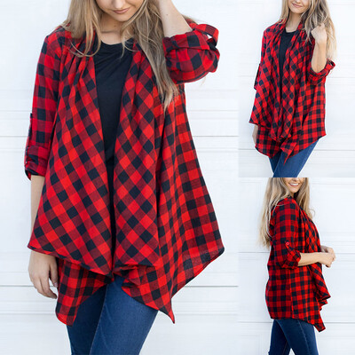

Roseonmyhand Womens Ladies Plaid Cardigan Long Sleeve Irregular Hem Coat Parka Outerwear