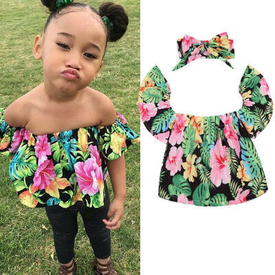 

US Floral Toddler Baby Girls Kids Off Shoulder Tops Shirt RomperHeadband Outfit