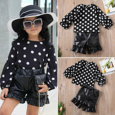 

UK STOCK Baby Girls Kids Polka-dot Long-sleeved Tops Swing Leather Pants Clothes
