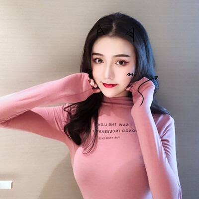 

Autumn Woman Letter Print Cropped Stand Collar T-shirt Female Half-high Collar print Long-sleeved Short Slim Bottoming Shirt