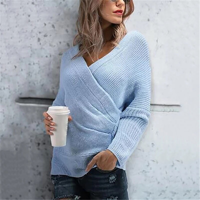 

Women Casual Office Slim Fit Solid Color Sweater Tops Cross V-Neck Long Sleeve
