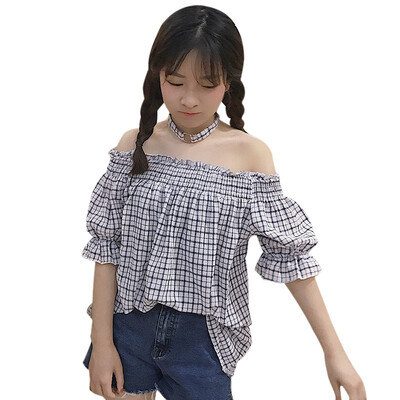 

Women Casual Slash Neck Shirts Blouses Off Shoulder Half Sleeve Plaid Print Blouse Tops