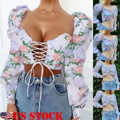 

Casual Women Sexy Top Blouse Ladies Autumn Slim Print Crop Top T-Shirt Outwaer