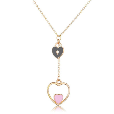 

Double Heart With Heart Lock Pendant Necklace For Women Korean Trendy Romantic Heart Design Wedding Jewelry Necklace For Gifts