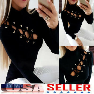 

Sexy Women Hollow Out Slim Fit Long Sleeve Casual Round Neck T-Shirt Tops Blouse