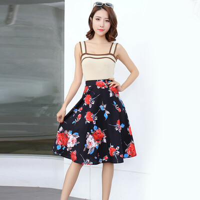 

Vintage Floral Printed A-Line Skirts Pleated Flare Midi Skirt For Women Girls