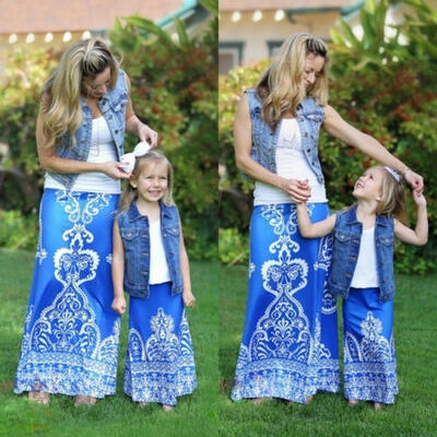 

Hot Mother And Daughter Matching Casual Floral Long Skirt Family Matching National Style Outfits