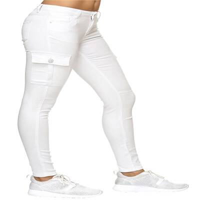 

Tailored Women High Waist Solid Jeans Button Side stand Pockets Trouser Pencil Pants