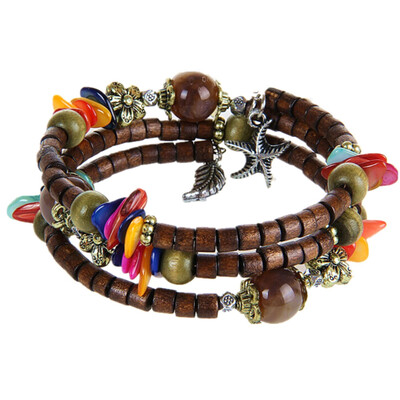 

Fashion Women Jewelry Retro Wooden Beads Bracelet Shell Crane Starfish Wooden Bracelet