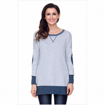 

Two-tone stitching round neck long-sleeved side pockets long casual top