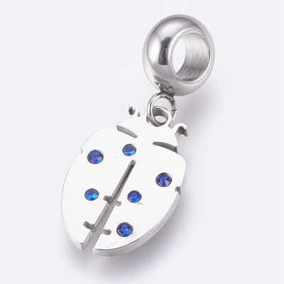 

304 Stainless Steel European Dangle Beads Large Hole Pendants with Rhinestone Ladybug Stainless Steel Color Light Sapphire
