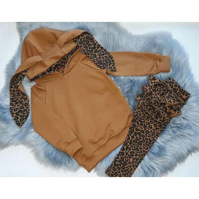 

Toddler Baby Kids Girls Rabbit 3D Ear Sweater Coat Leopard Pants Outfits Clothes