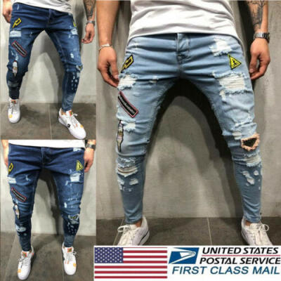 

3XL Mens Ripped Skinny Jeans Destroyed Frayed Slim Fit Denim Pants Trousers US